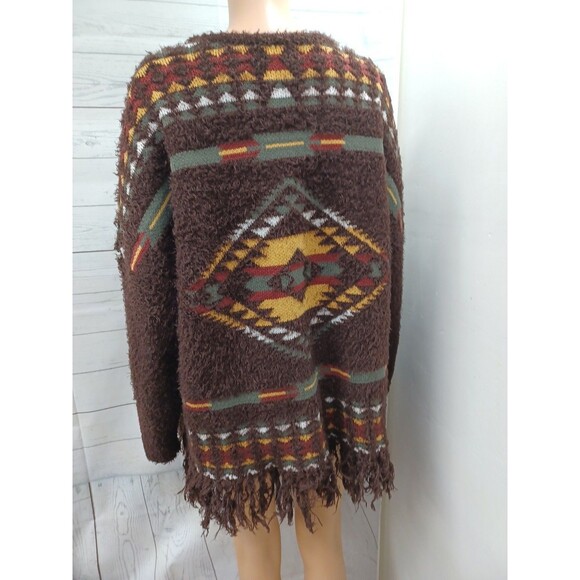 Vtg Rockin'C Southwestern Fuzzy Funky Geometric Brown Sweater Brown Fringed XL - Picture 4 of 8